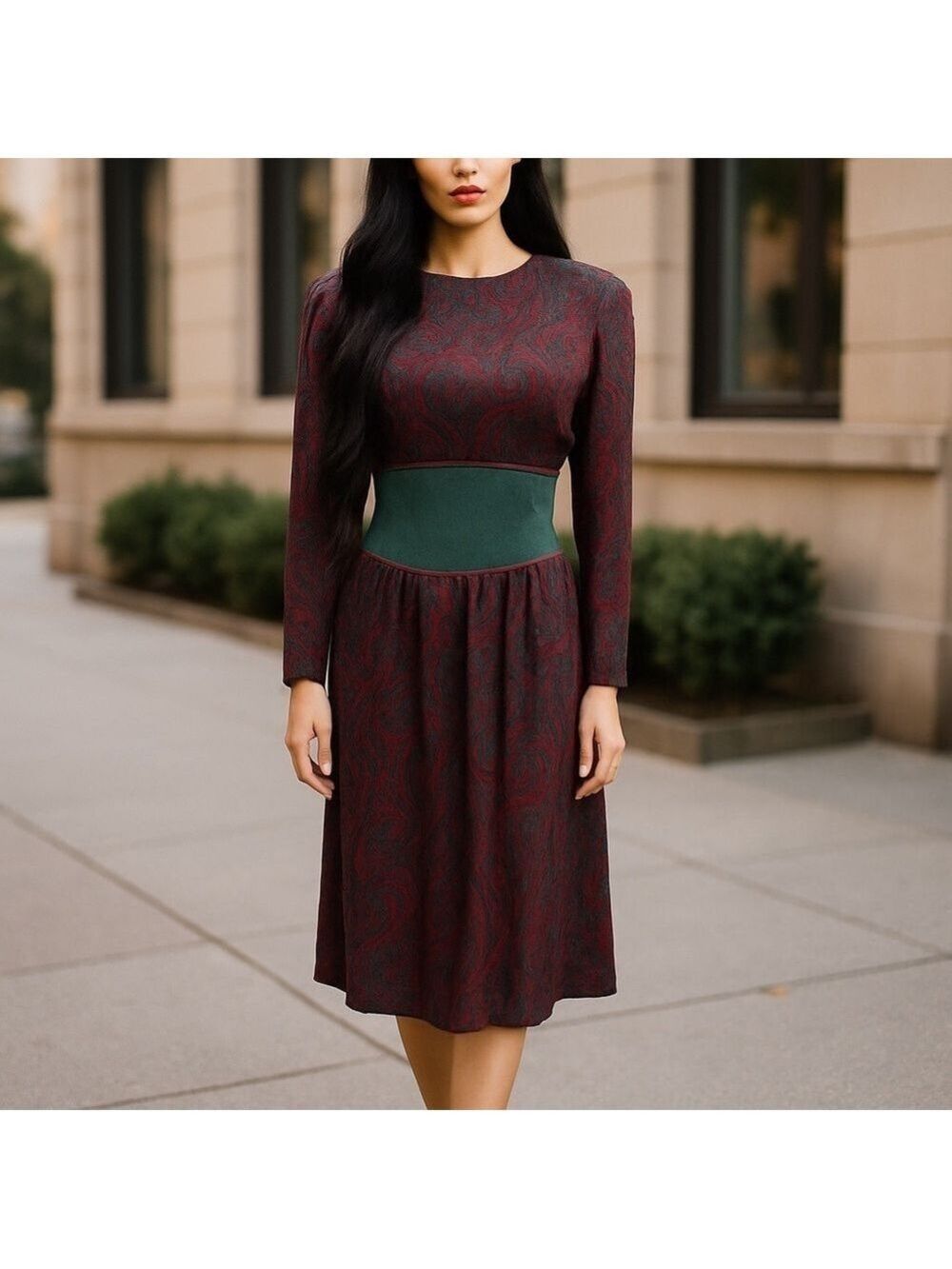80s REO ORIGINALS BURGUNDY & GREEN PAISLEY COTTAGECORE CORSETED DRESS SZ 10
